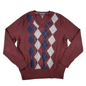 Banana Republic Sweater Mens Large Burgundy Argyle Estra Fine Merino V-Neck